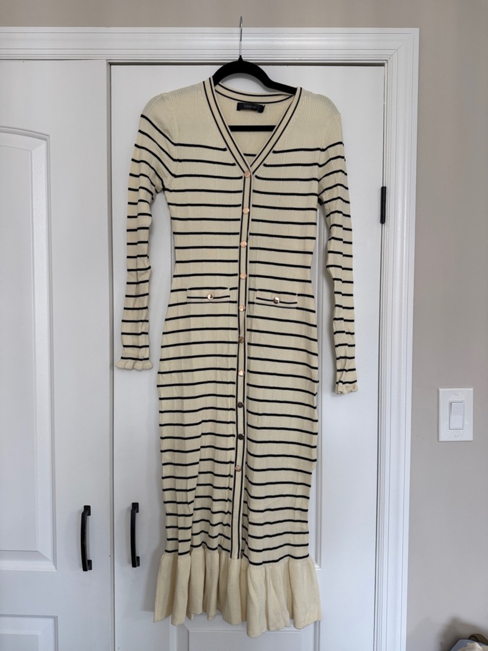 Striped Cream Long-Sleeve Button-Front Knit Dress